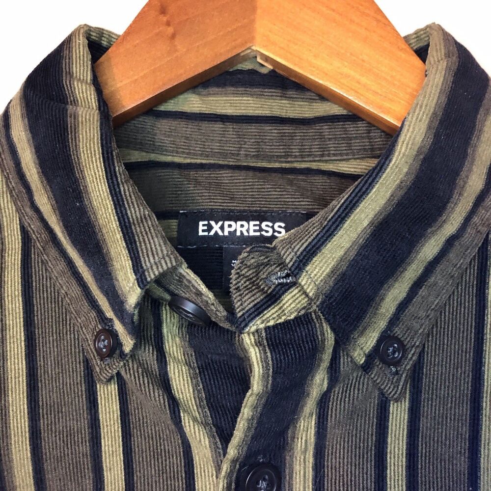 Mens Express Shirt S Corduroy Striped Brown Black Button Down Long Sleeve NWT - Picture 3 of 6